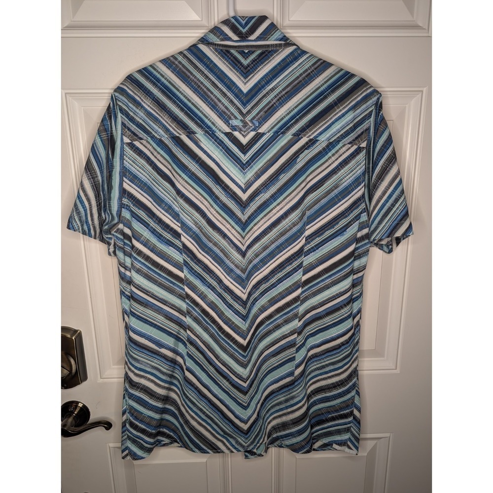 Vintage Oakley Button Up Shirt Men's XL Blue Diagonal Stripe Short Sleeve Pocket - Picture 3 of 8